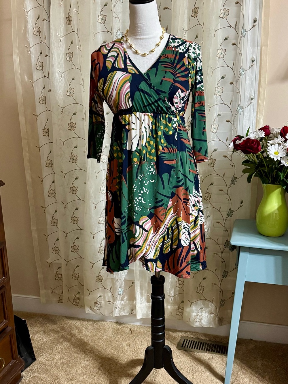 New! Sew in Love Abstract Print V-Neck Empire Waist Dress Faux Wrap- Green Multi